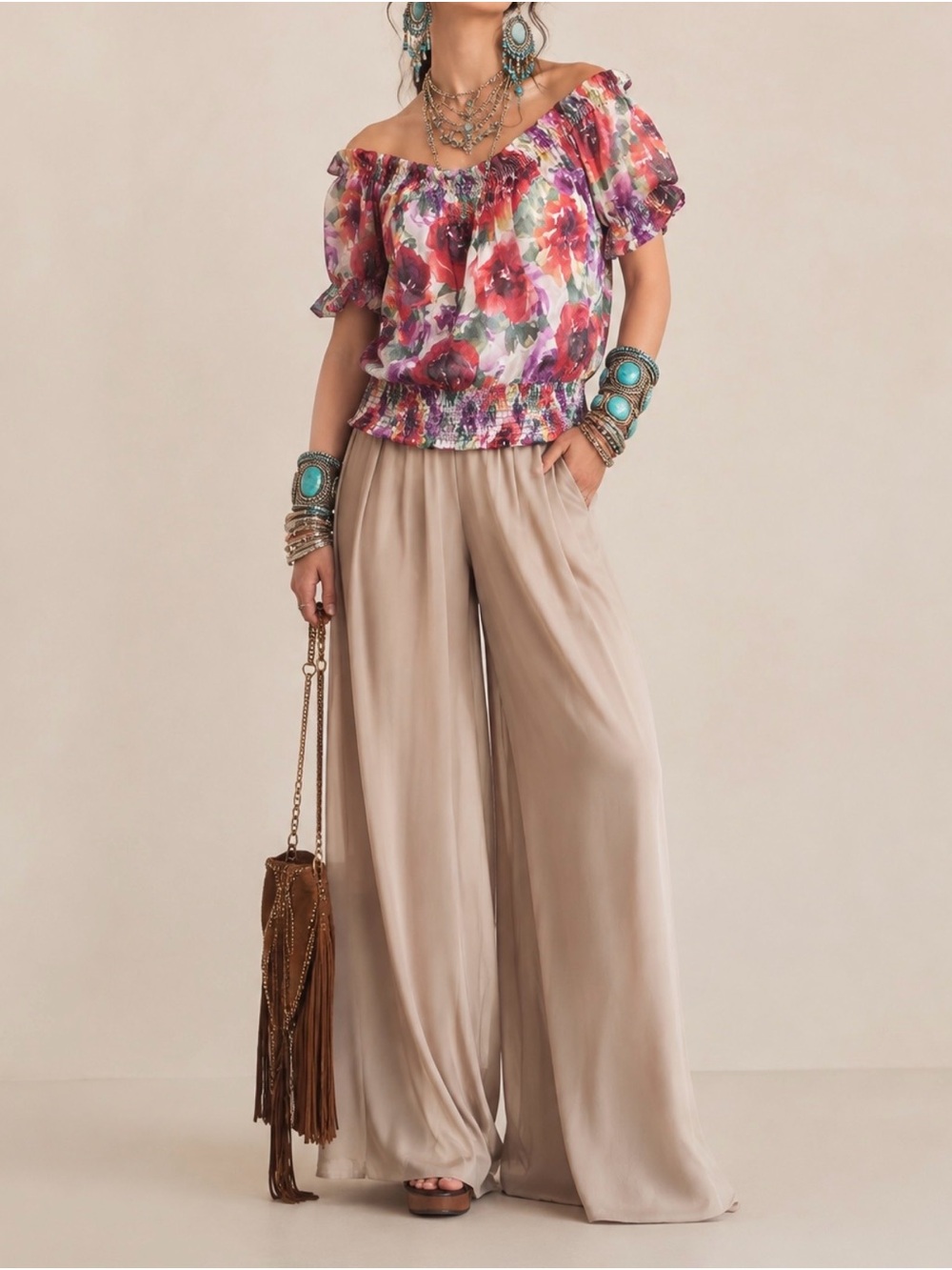 100% Silk Floral Off-Shoulder Top Blouse